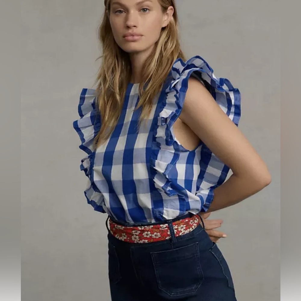 Anthropologie Whit Two Blue/White Checked Ruffle Top, XL Extra Large